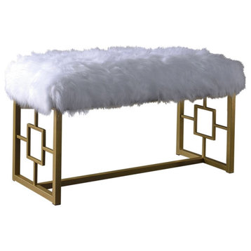 ACME Bagley II Faux Fur Upholstered Bench with Metal Sled Base in White and Gold
