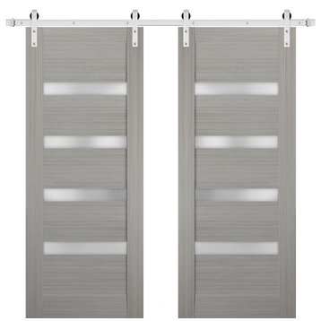 Double Barn Door 48 x 80, Quadro 4113 Grey Frosted Glass, Silver 13FT