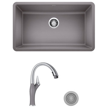 Blanco Precis Single Sink Kit with Pull-Down Faucet and Strainer, Metallic Gray