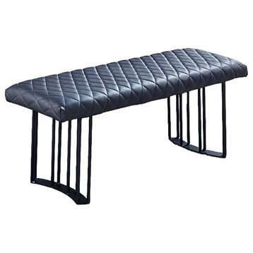 Benzara BM288202 Modern Dining Bench, Blue Gray Vegan Leather, Metal Frame