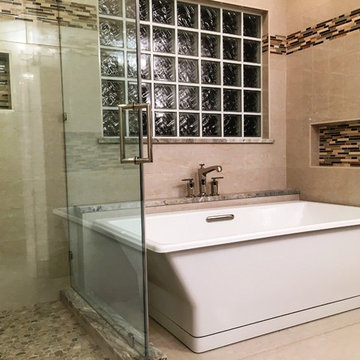 MASTER BATHROOM - Free Standing Tub / Crema Marfil Tile / White Reef Granite