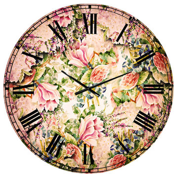 Pink Flower Pattern On White Floral Large Metal Wall Clock, 36x36