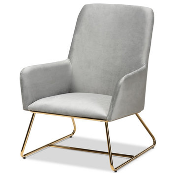Stylish Grey Velvet Fabric Upholstered Gold Finished Armchair