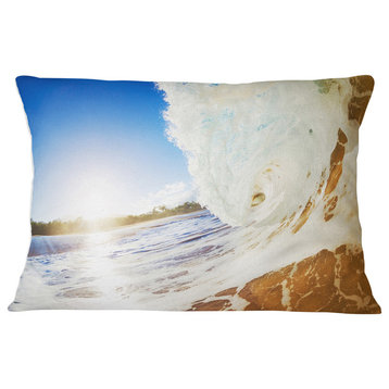 Crashing Sandy Ocean Waves Modern Beach Throw Pillow, 12"x20"