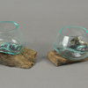 Set of 2 Blown Molten Glass On Teak Driftwood Decorative Bowls Vases Terrariums