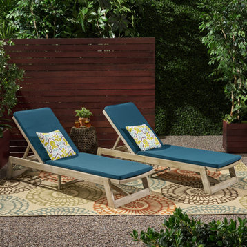 Tina Outdoor Acacia Wood Chaise Lounge and Cushion Sets, Set of 2, Blue
