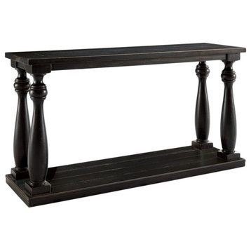Rustic Console Table, Lower Shelf With Turned Legs & Large Top, Wire Brush Black