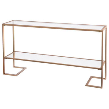 Contemporary Slim Console Table, Gold Frame With Glass Top & Lower Mirror Shelf