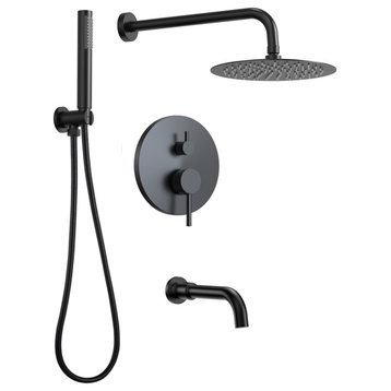 10" Wall Mounted Rainfall Shower System With Tub Spout, Matte Black
