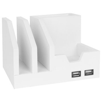 American Art Decor All-in-One USB charging 4 Compartments Desk Organizer - White