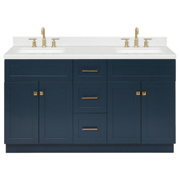 Ariel Hamlet 60" Double Rectangle Sink Bathroom Vanity, Carrara Quartz, Midnight Blue