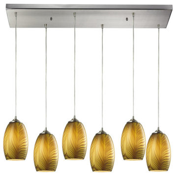 Tidewaters 6-Light Pendant, Satin Nickel And Amber Glass