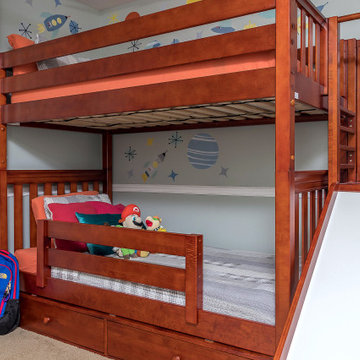 Espresso Twin High Bunk Bed with Slide Platform, storage drawers and guardrail