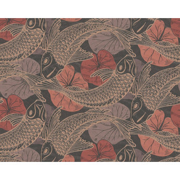 Ethnic Modern Textured Wallpaper, Koi Fish, Black Brown Red, 1 Roll