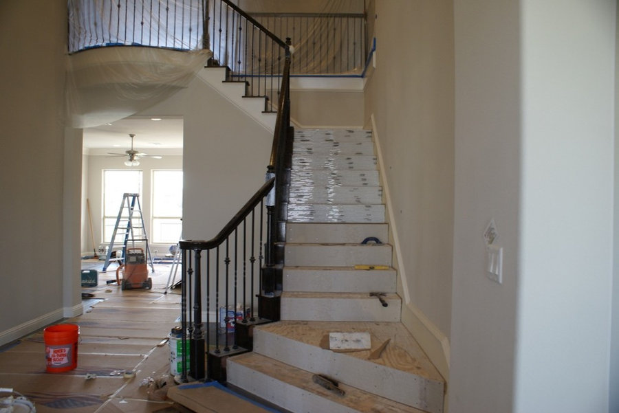 Glass tile, Engineered wood and stacked stone