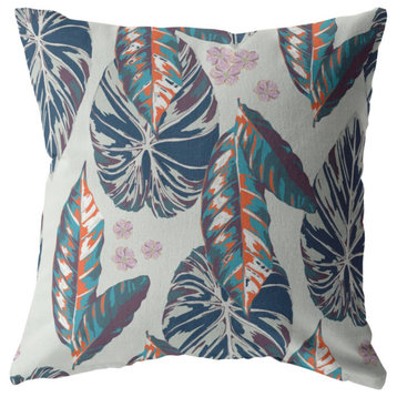 16" Blue Gray Tropical Leaf Indoor Outdoor Zippered Throw Pillow