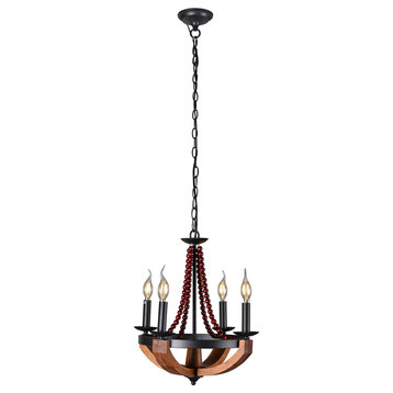 Chandelier Beaded Wooden Light With Wrought Iron Candlelight Holders