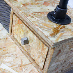 Pinder gloss lacquered OSB Industrial Desk with Storage & perforated steel - Display & Wall Shelves