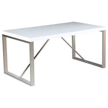 63" Modern Dining Table Chrome Finish Wood Tabletop 4 Four Six 6 Seating, White