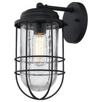 Golden Lighting - Seaport Outdoor Wall Sconce, 12" - Nautical-inspired, Seaport is a collection of industrial fixtures to create your seaside retreat. Offered in a textured natural black, the New England style is enhanced by protective cages and seeded glass that shield the fixture's bulbs. This outdoor fixture is wet rated and is UV-coated to protect it from fading.