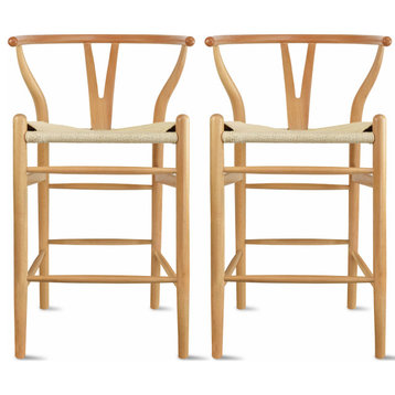Set of 2 Wishbone Wood Elbow Barstool with Y Back, Woven Beige Seat, Natural