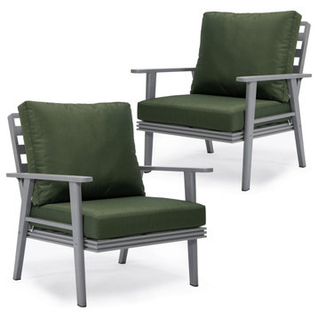 LeisureMod Walbrooke Grey Patio Armchairs with Cushions Set of 2, Green