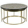 32" Tall  Giovanna Nesting Table Set of 2 Brass Frame Bone Inlay Pattern Top