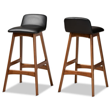 Darrin Mid-Century Black Faux Leather Brown Finished Wood 2-Piece Bar Stool Set