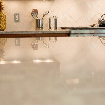Island modification, columns, Salinas White Granite, Herringbone tile