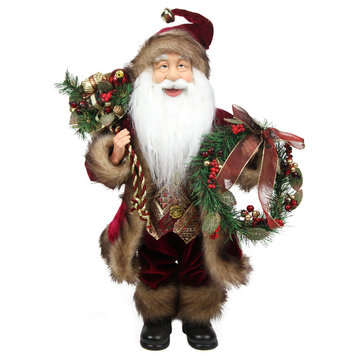 18" Country Cabin Santa Claus in Burgundy Holding a Wreath and Gift Bag Figure