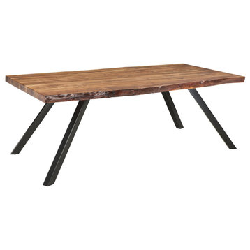 Rustic Dining Table, Angled Legs & Rectangular Top With Live Edges, Golden Brown