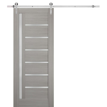 Barn Door 36 x 84 Frosted Glass, Quadro 4088 Grey Ash, Silver 6.6FT