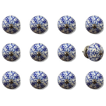 Knob-It Vintage Handpainted Ceramic Knobs, Set of 12, White/Blue/Silver