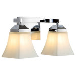 JONATHAN Y - Staunton 1-Light Iron/Glass Modern Cottage LED Vanity Light, Chrome, 2-Light - The squared lines of this 2-light vanity fixture give it a pared-down traditional look. A sparkling chrome finish and flared shades add low-key vintage style over a bathroom mirror. Frosted glass provides soft, diffused light from the bright LED bulbs.