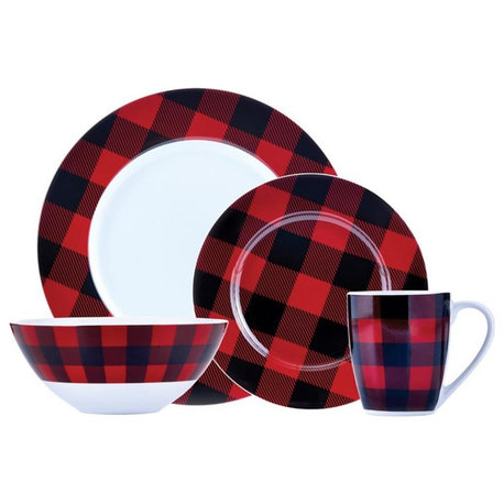 Safdie & Co. Porcelain Dinnerset 16 Piece Buffalo Plaid Red/Black