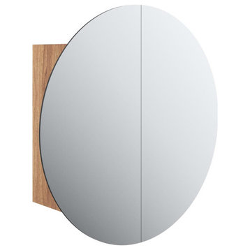 vidaXL Cabinet Bathroom Vanity Mirror Cabinet with Round Mirror and LED Oak