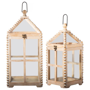 Lantern with Metal Handle and Window Pane Design Washed Brown Finish, Set of 2