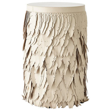 Couture Round Leather Feather Fringe Accent Table 12.5 in End Ivory Black Beige, Ivory