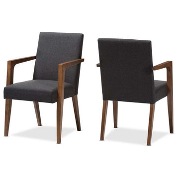 Bowery Hill Mid-Century Fabric/Wood Arm Chair in Dark Gray (Set of 2)