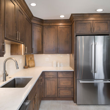 Natural Walnut Transitional Kitchen | Quartz Countertops & Warm Brass Accents