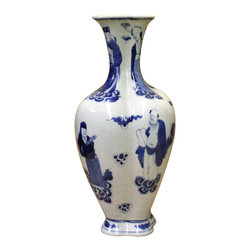 Blue & WhiteChinese Blue White Porcelain Flower Shape People Scenery Vase - Vases