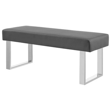 Versatile Dining Bench, Elegant Chrome Legs and Gray Faux Leather Padded Seat