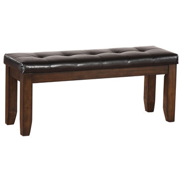 Leatherette Upholstered Tufted Wooden Bench With Chamfered Legs, Brown