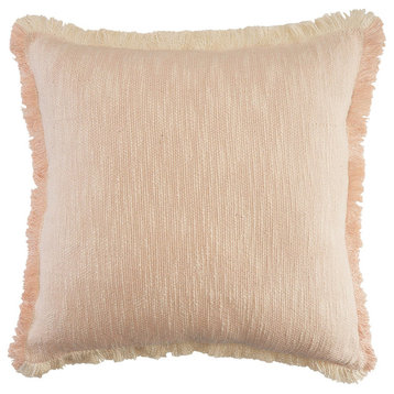 Two-Tone Cotton Throw Pillow with Fringe, Light Pink, 20" X 20"