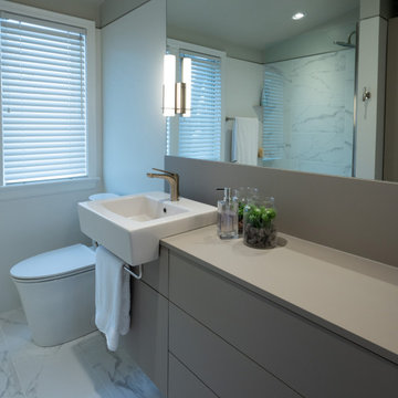 Bright bathroom with curb-less shower