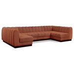Meridian Furniture - Quinn Chenille Upholstered U-Shaped Modular Sectional, Cognac, 6-Piece: 4 Armless Chair, 2 Corner Chair - The Quinn Modular Sectional is a stunning piece crafted in a rich and luxurious cognac chenille fabric. Its awe-inspiring design and exceptional quality make it a perfect addition to any space, whether it's a living room, bedroom, or office. The sectional's plush cushioning and sturdy frame provide both comfort and durability, ensuring that it will be a favorite for years to come. Whether you're looking for a statement piece or simply a comfortable seating option, the Quinn sectional is an excellent choice.