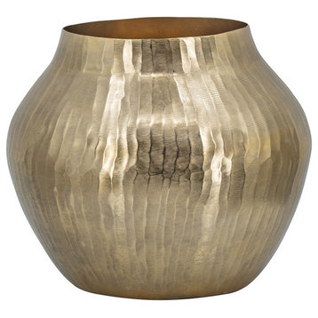 Kria 13" Modern Vase, Curved Shape, Hammered Texture, Gold Metal Finish