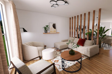 Mittelgroßes, Fernseherloses, Offenes Retro Wohnzimmer mit weißer Wandfarbe, Keramikboden und braunem Boden in Leipzig