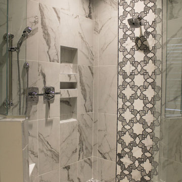 White Marble Porcelain Master Shower with Waterfall Accent