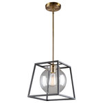 Artcraft Lighting - Bridegtown 1 Light Cage Pendant, Black/Brass - The "Bridgetown" collection single pendant features a clean and transitional design. The outer frame is a black tapper square while the interior is plated in a rich harvest brass. The glassware is clear and circular.